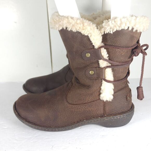 UGG Women's Akadia US 8 Brown Leather Shearling Lined Lace Up Winter Boots - Picture 2 of 13